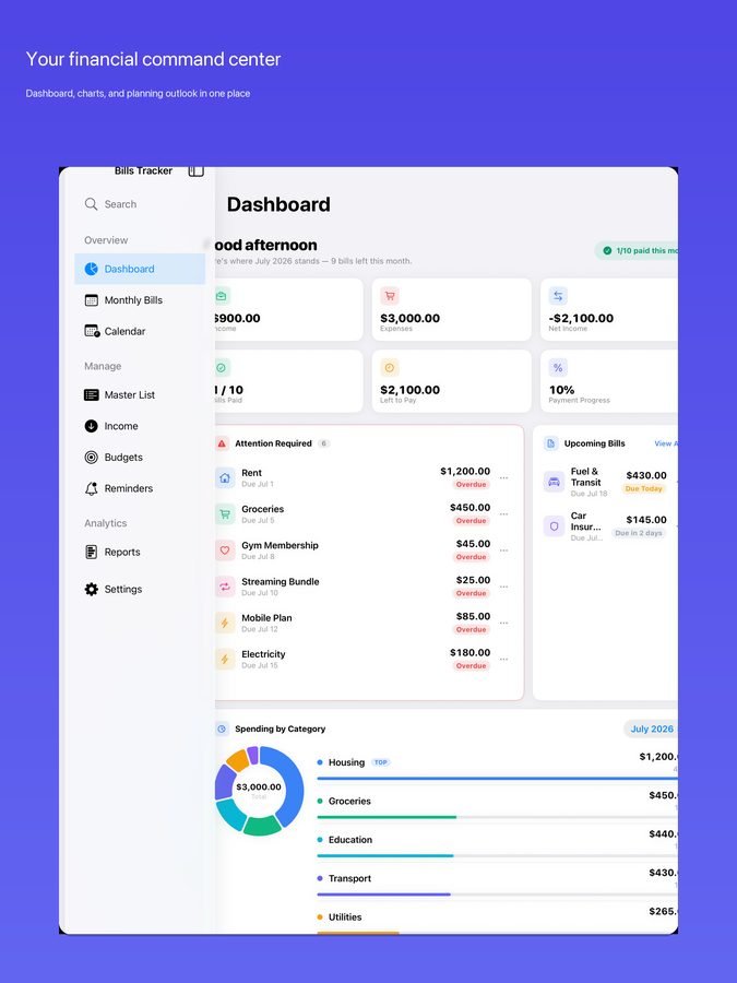 Bills Tracker dashboard on iPad with sidebar navigation