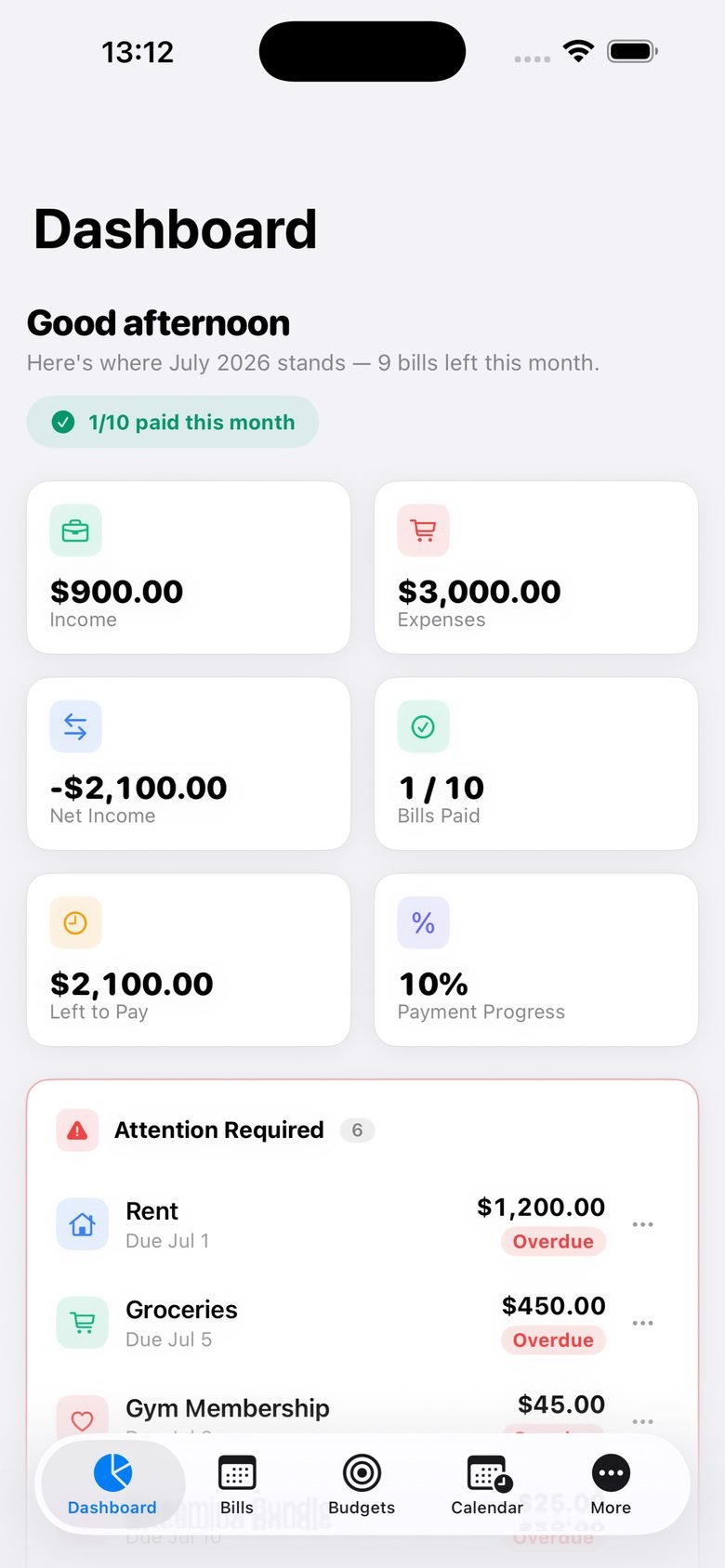 Bills Tracker home dashboard on iPhone showing bills summary and upcoming due dates
